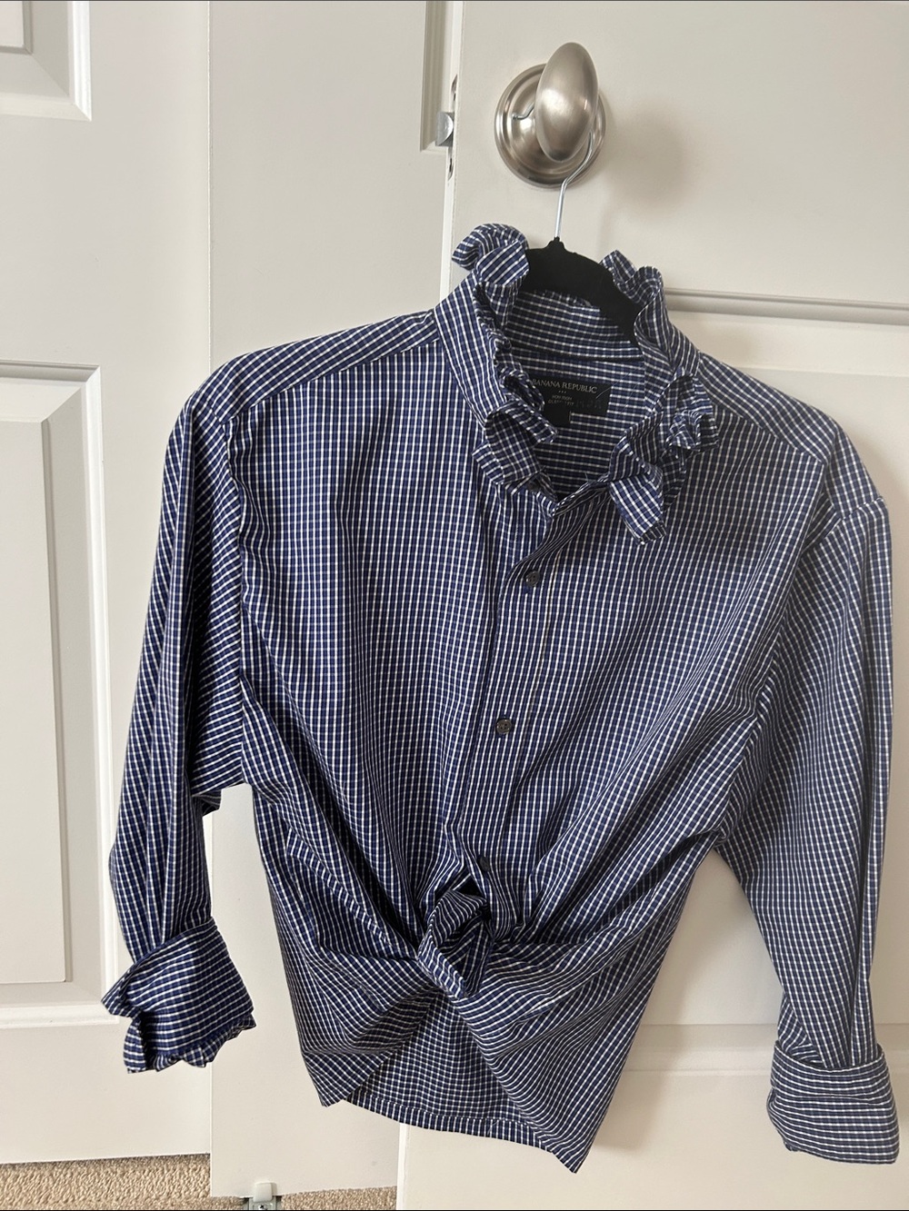 Banana Republic Navy and White Check Shirt with ruffled collar.